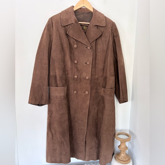 Vintage HERRERO Y RODERO Suede Leather Long Coat Button Sz L 60s 70s Barcelona - Picture 14 of 15